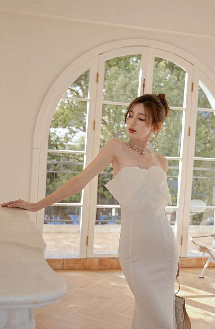 DOLLY Elegant White French Style Big Bow Long Fish Tail Cocktail Dress-FREYA