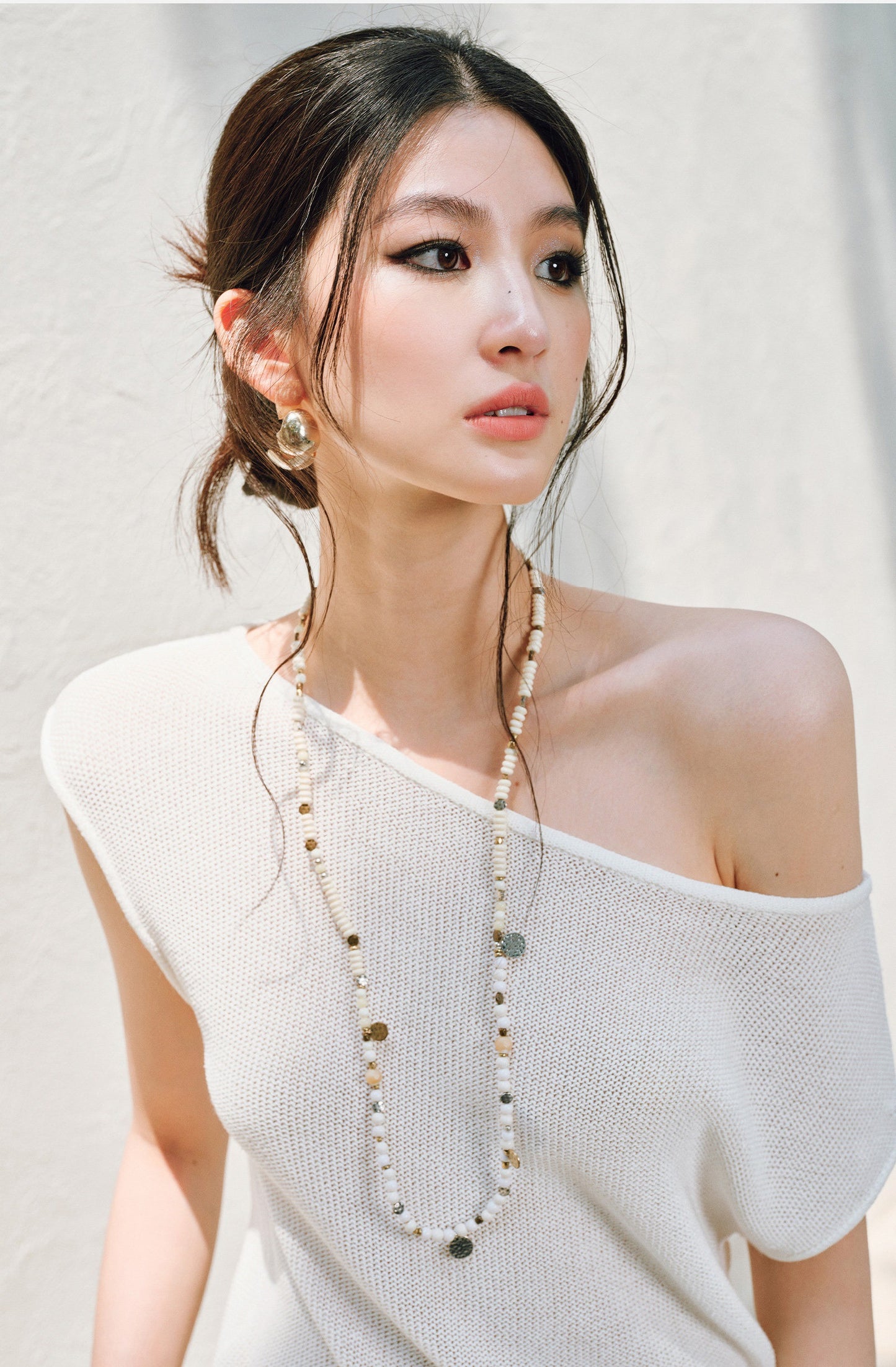WANGXO |Linen Delicate Knit Slant Shoulder Top & Tailored Straight Pants with Airy Elegance Suit Set -RAYA