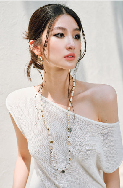 WANGXO |Linen Delicate Knit Slant Shoulder Top & Tailored Straight Pants with Airy Elegance Suit Set -RAYA