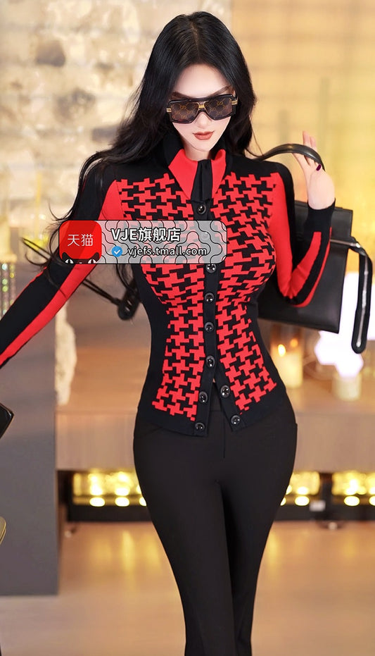 VJE Lapel Cardigan Top  Jacquard Knitted Sweater - LEO.