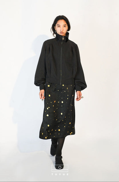 TUYUE Style Black Acetate Satin Hot Stamping Slit Skirt - LUCA.
