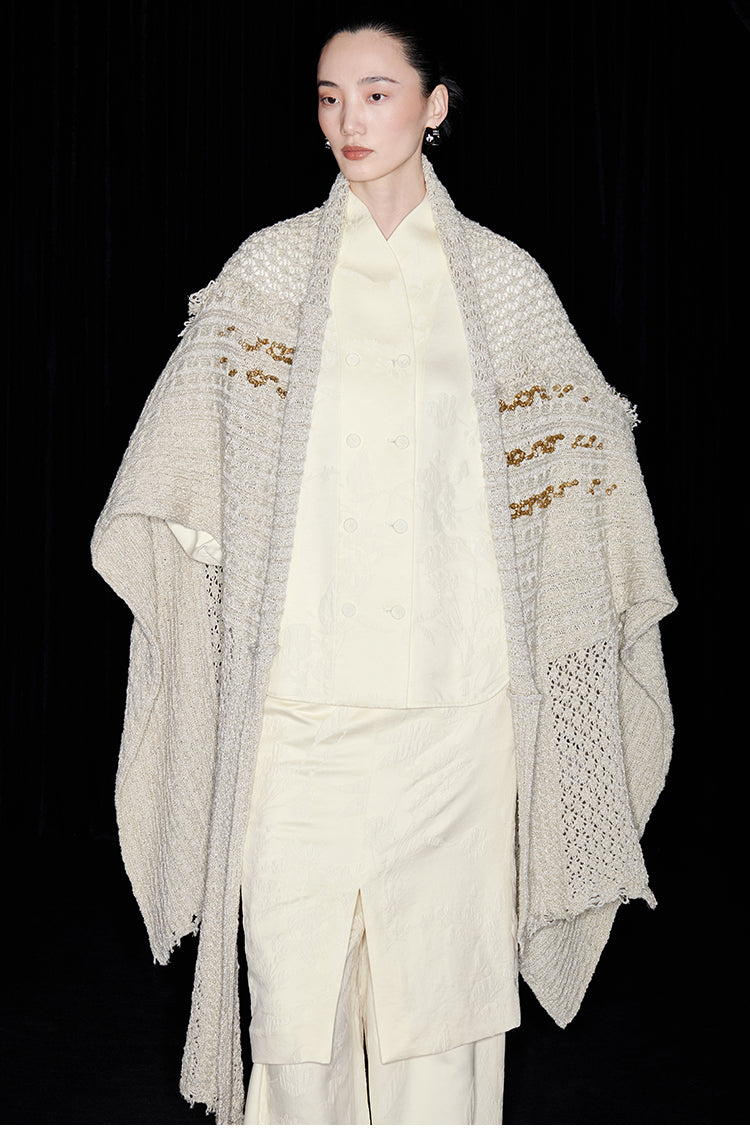 M essential Mackay designer Jin Rao knitted twisted beaded style cape - stat.