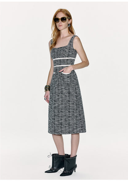 ATELIER MISS LU Contrasting Stitching Small Fragrance Waist Dress - SILVER.
