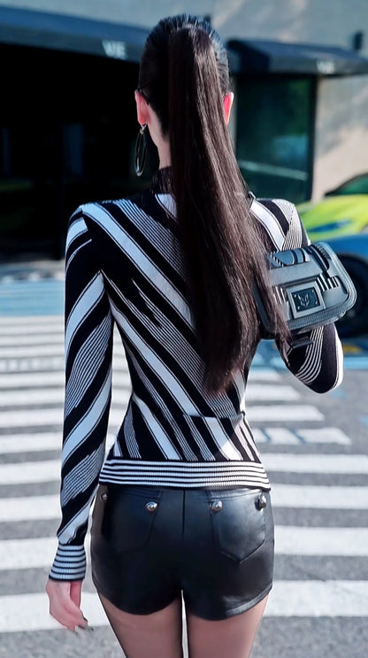 VJE Stripe Knitted Cardigan Slim Length Age-Reducing Contrast Sweater-NIN.