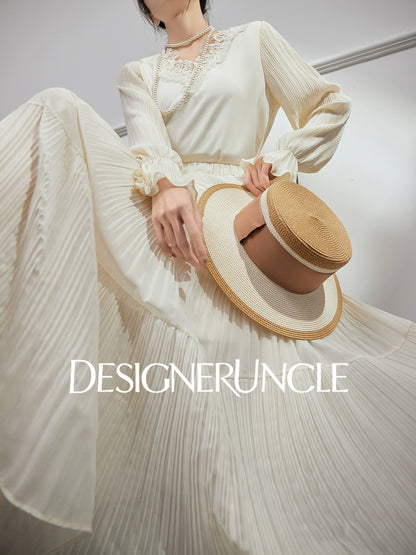 DGU| Beige New High-End Ruffled Lace Stitching Design Long-Sleeved Top - RUBY.