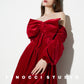 Red Velvet large Bow Off Shoulder Short holiday party Dress - Macy