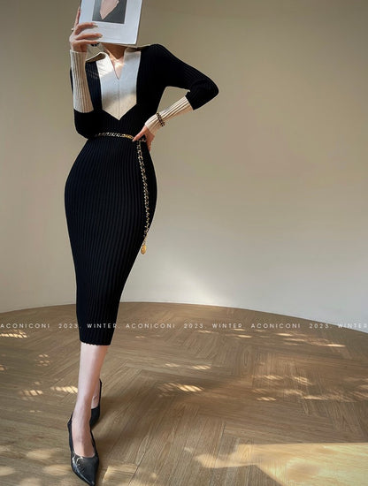 Aconiconi Luxury Polo Collar Long Sleeve Slim Fit Knitted Midi Dress- Paris Old Dream