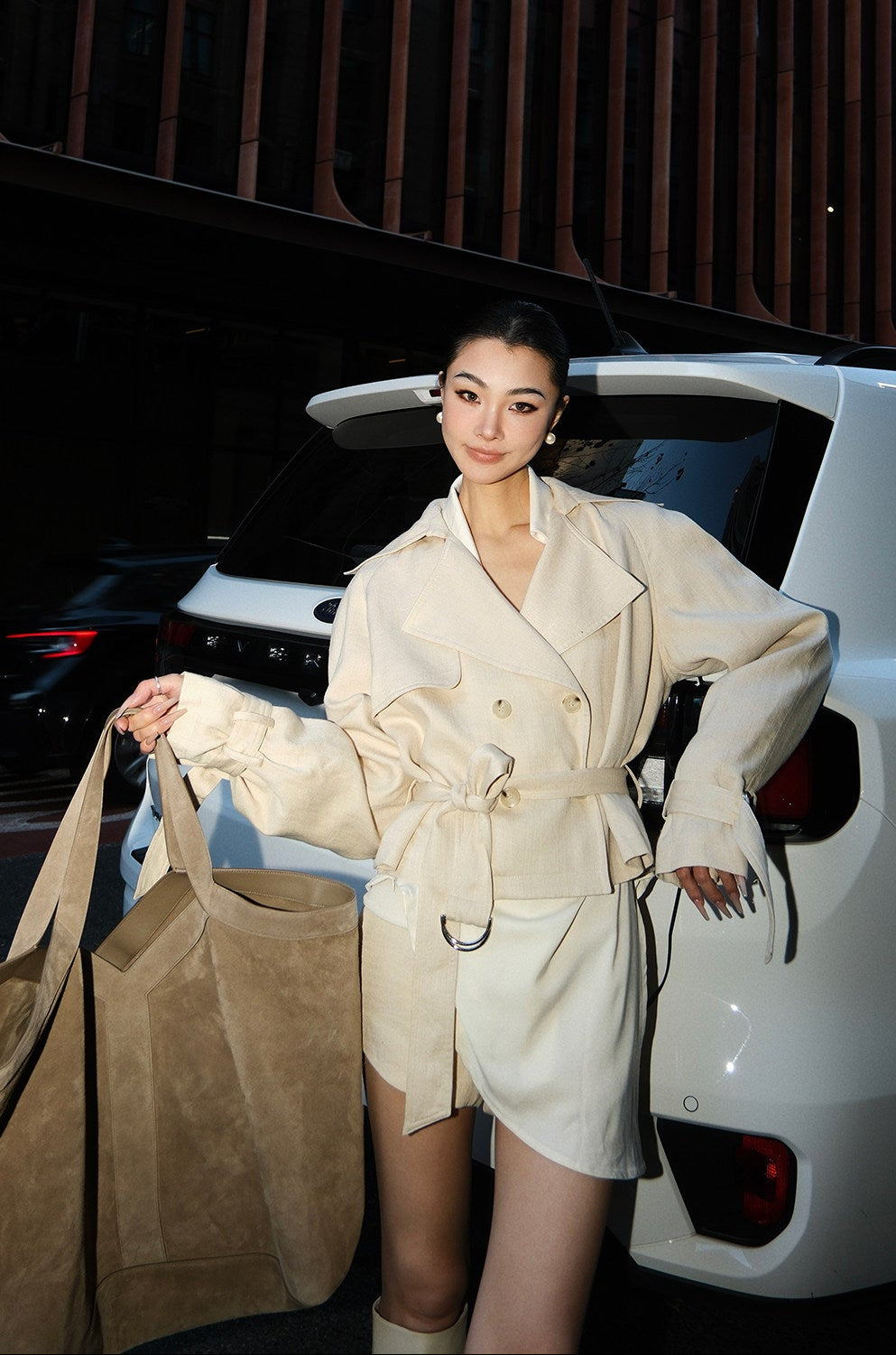 MEI SANGUAN Beige Double-Breasted Short Trench Suit Set - AMANDA