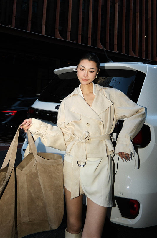 MEI SANGUAN Beige Double-Breasted Short Trench Suit Set - AMANDA