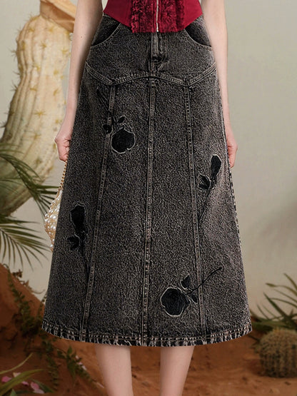 CHECOCRE summer new one-shoulder lace knit top embroidered rose denim suit skirt - HEART.