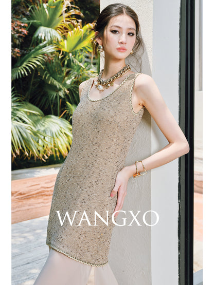 WANGXO | Satin-Stitched Georgette & Stretch Sequin Knit  Suspender Skirt & Vest Skirt Set -LUMA