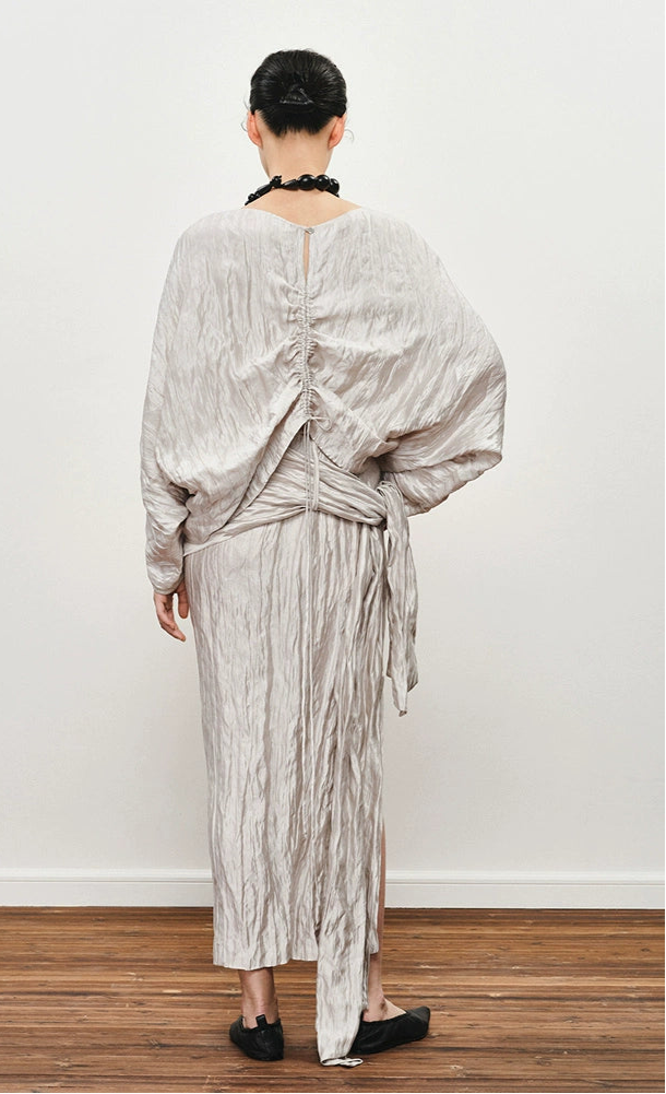 ZHUCHONGYUN crinkled voluminous sleeve top and asymmetrical wrap skirt outfit set-MIERA.