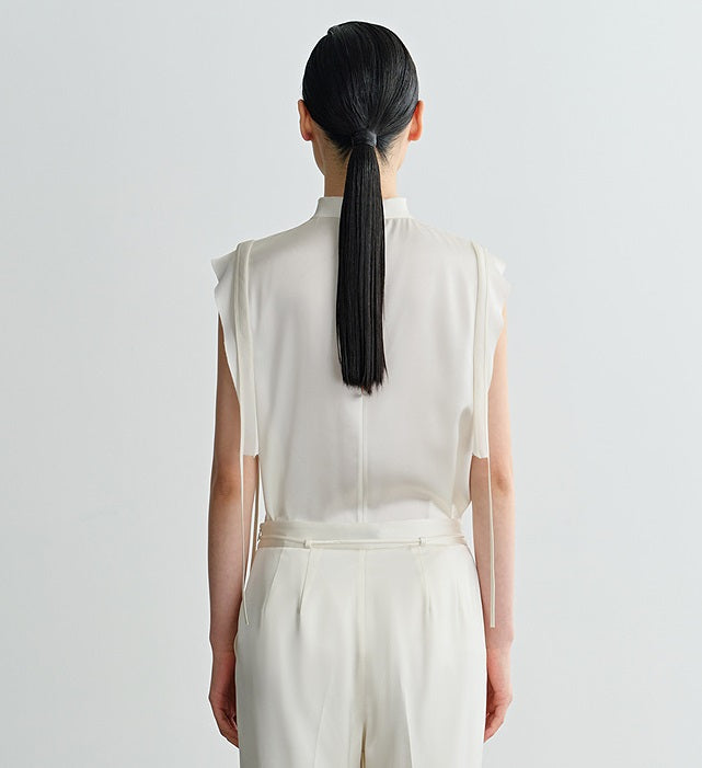 COMME MOI Lv Yan designer summer sleeveless stand collar triple acetate satin top - MEADOW.