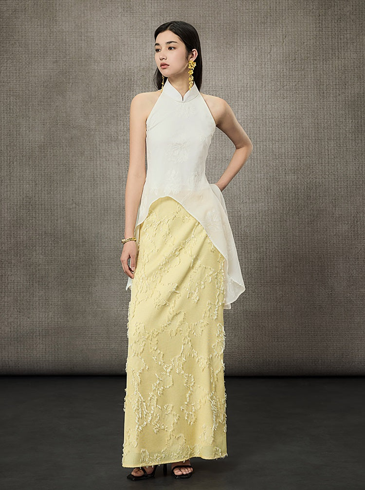 HECO Mock Collar Acetate Asymmetrical Wavy Side Halterneck Vest - DWELLS.