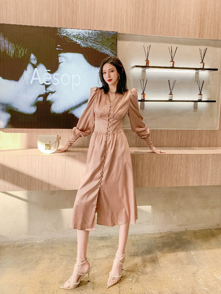 DOLLY Elegant V-Neck Long Lantern Sleeve Long Button Church Dress-NANA