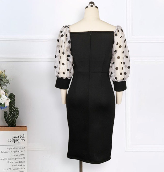 DOLLY Luxury Black Retro Style V-Neck Polka Dot Long Sleeve Slim Fit Dress-DEL