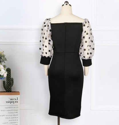 DOLLY Luxury Black Retro Style V-Neck Polka Dot Long Sleeve Slim Fit Dress-DEL