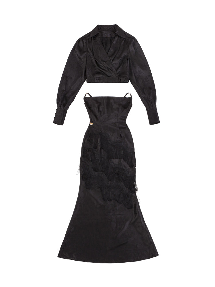 Le Palais Vintage High End sleeveless stain wrapped shirt tassel  sexy long black dress-Alora