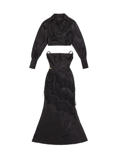 Le Palais Vintage High End sleeveless stain wrapped shirt tassel  sexy long black dress-Alora