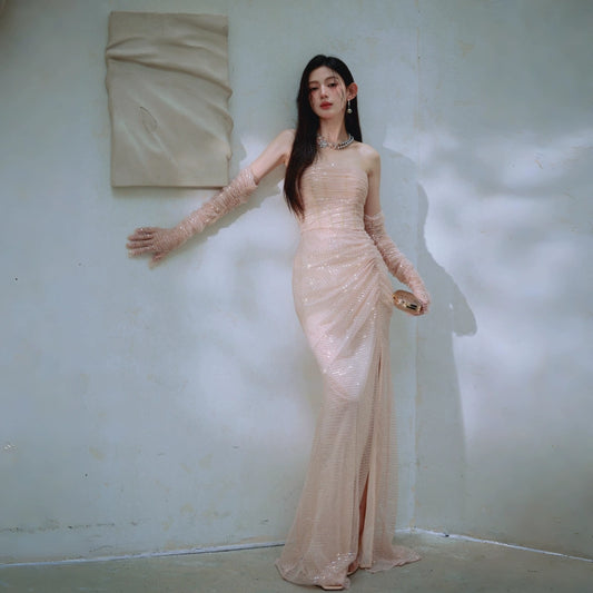 DOLLY Luxury Light Pink Sleeveless Sequin Bandeau Slim Fit Dinner Dress-Kosy