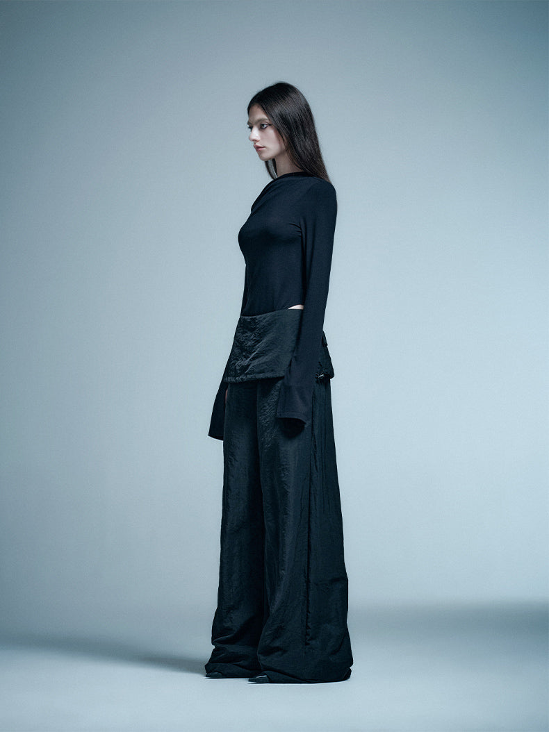 ANNAKIKI Black shoulder pleated slit long sleeve women bodysuit tops-REN