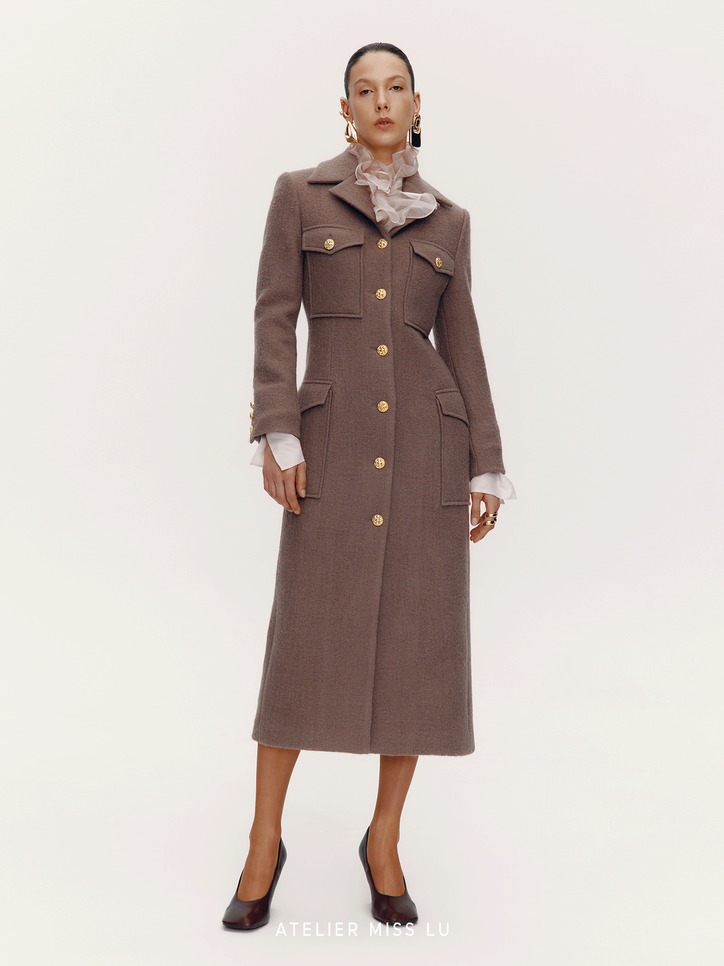 ATELIER MISS LU  Pocket Design Sheep Wool Slim Long Coat - ENID.