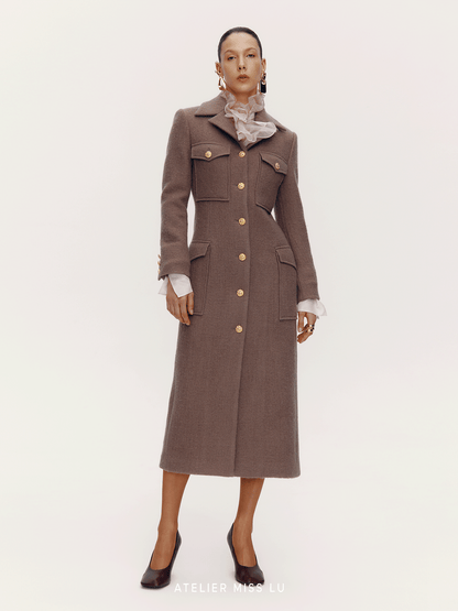 ATELIER MISS LU  Pocket Design Sheep Wool Slim Long Coat - ENID.