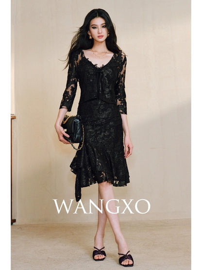 WANGXO | Lace-Up Cardigan & Irregular Double Fishtail Hip Skirt Set -KAIA
