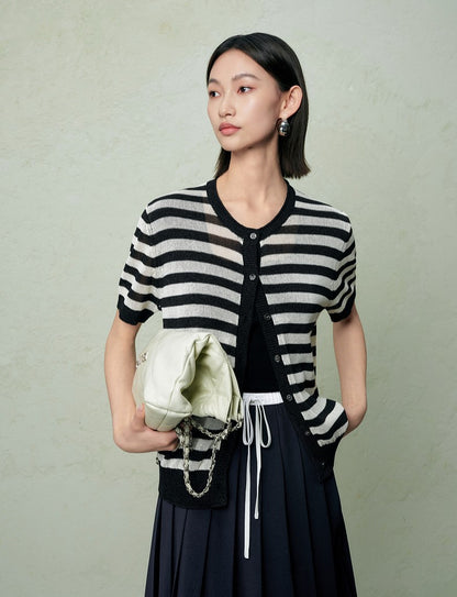 SUSHE light hollow texture striped short-sleeved knit sweater new stretch loose top -BESS