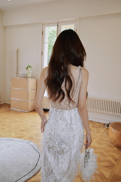 DOLLY Luxury White French Style Sleeveless Sequin Embroidered Long Slit Party Dress-Dalia