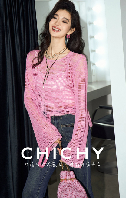 CHICHY long-sleeved cut-out gradient blended pink wool knit chic top-JARVIS