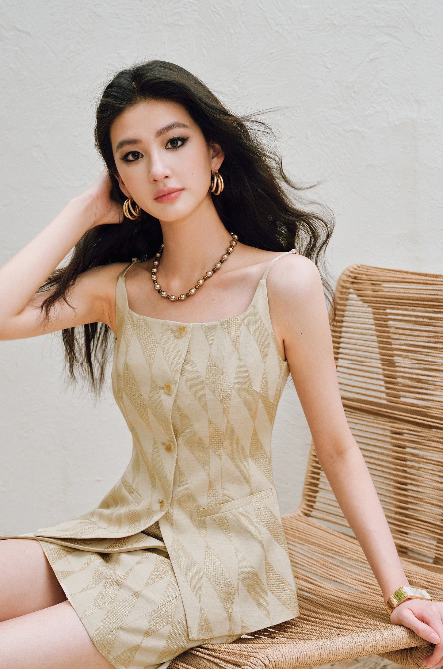WANGXO | Oxygen-Induced Linen with Rhombic Texture  Waist-Cinched U-Neck Camisole Vest & Tie Skirt Set -NOLA