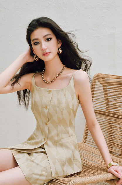 WANGXO | Oxygen-Induced Linen with Rhombic Texture  Waist-Cinched U-Neck Camisole Vest & Tie Skirt Set -NOLA
