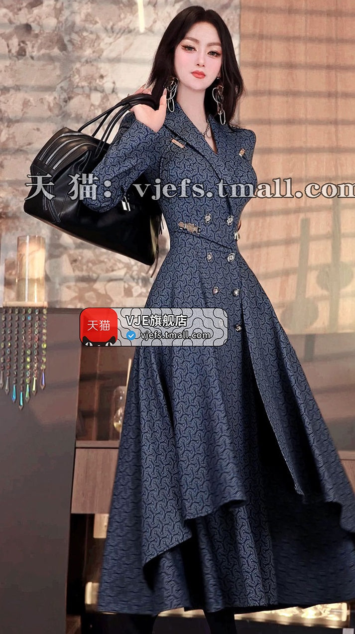 VJE Women's Printed Trench Coat Waist Double-breasted Jacket-JOJO.