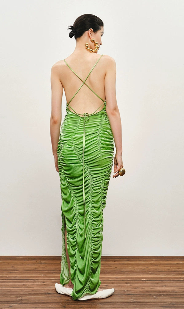 ZHUCHONGYUN Green ruched halter low-cut back silk satin dress-IRUMI.