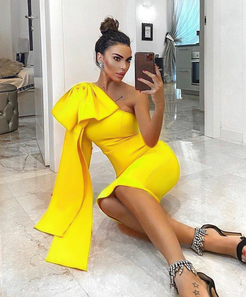 DOLLY Elegant Slant Collar Long Sleeve Bow Drape Body Hug Dinner Dress-CALA