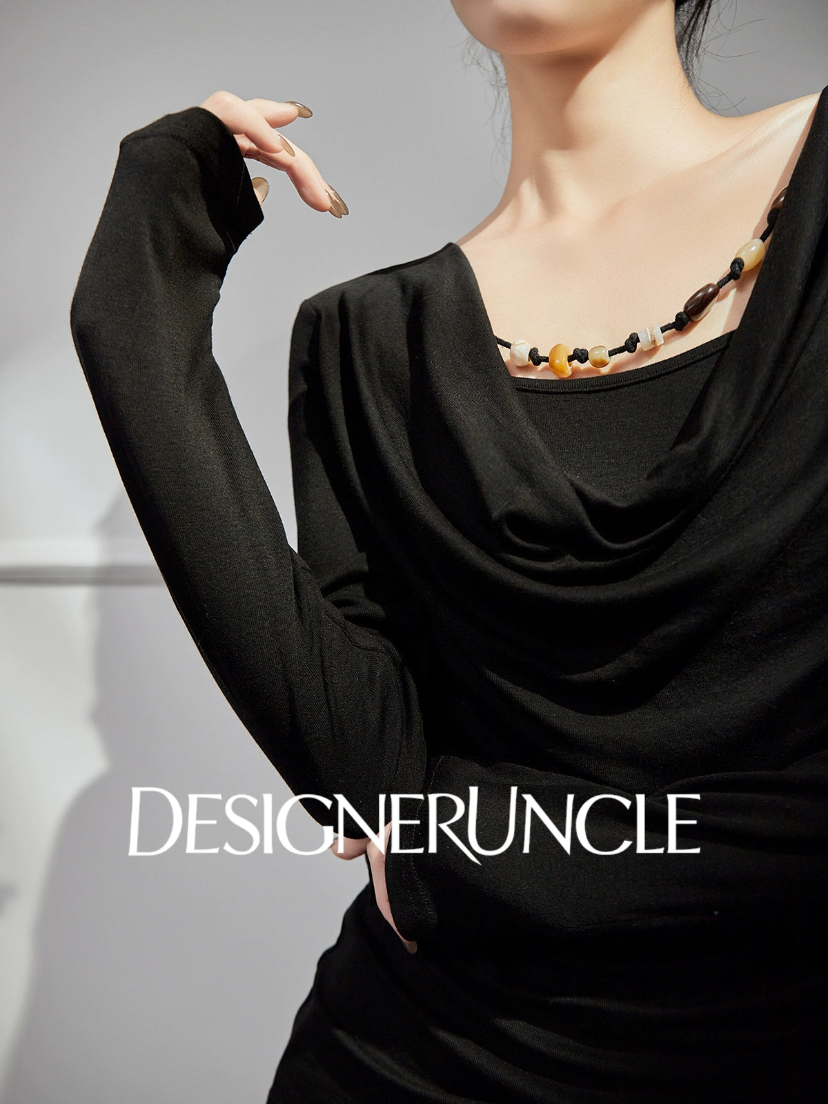 DGU|Black Knitted Drape V-Neck Top and brown pleater skirt- WAVES.