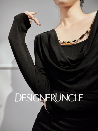 DGU|Black Knitted Drape V-Neck Top and brown pleater skirt- WAVES.