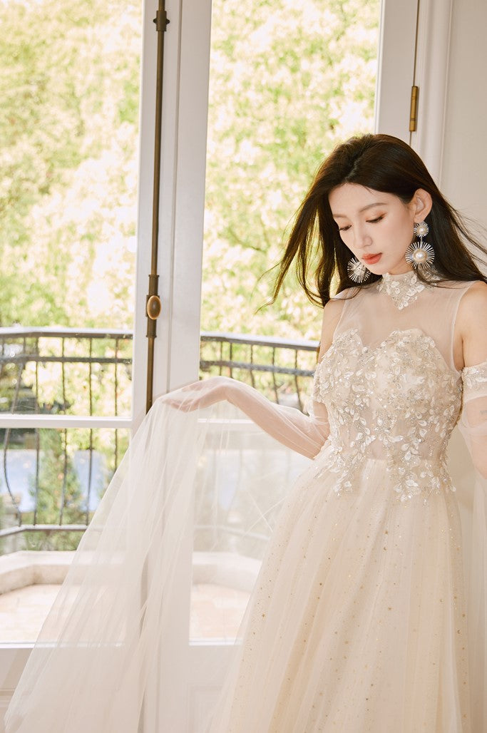 DOLLY Elegant Flower Stand Collar Sleeveless High Waist Tutu Wedding Dress-BELINDA