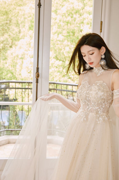 DOLLY Elegant Flower Stand Collar Sleeveless High Waist Tutu Wedding Dress-BELINDA