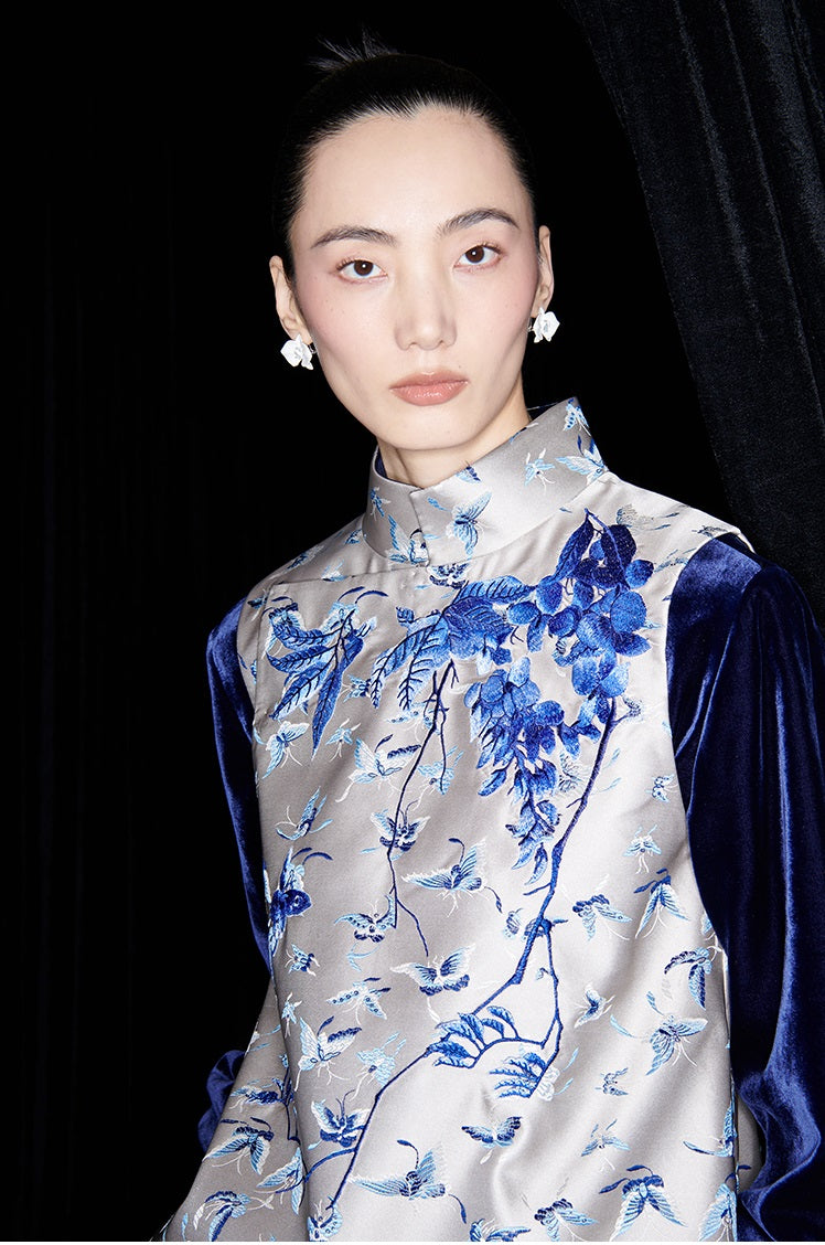 M essential Mackay designer butterfly jacquard blue vine and butterfly embroidery vest - DOME.