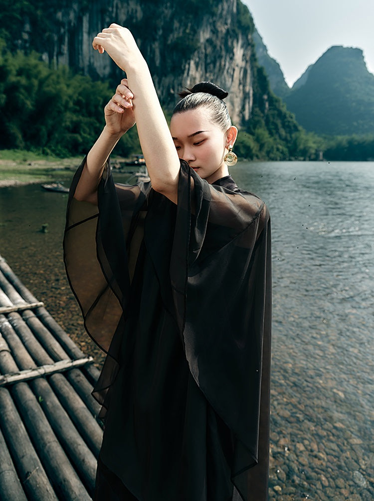HECO [Feng Wu Clear Sleeves] New Chinese Standing Collar Buckle Flowing Dress- CLOAK.