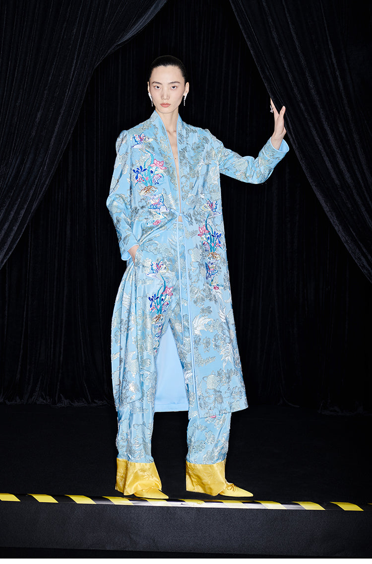 M essential Mackay designer blue butterfly embroidery robe dress pants set - break.