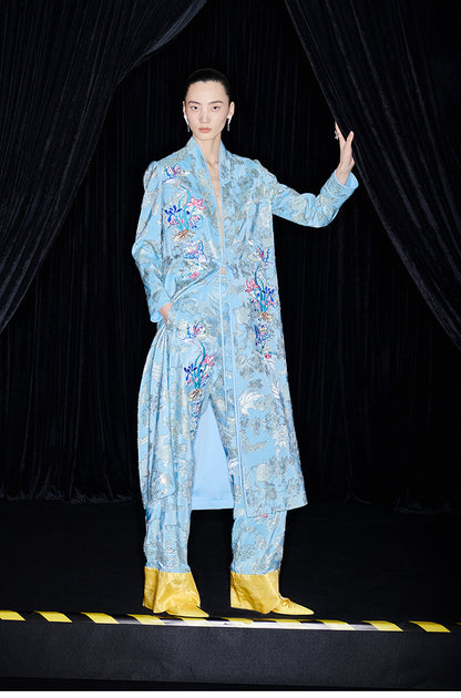 M essential Mackay designer blue butterfly embroidery robe dress pants set - break.