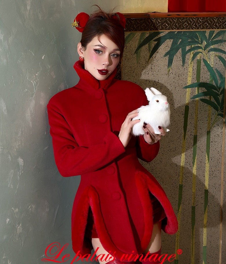 le palais vintage retro elegant red furry slit jacket - Dtri.