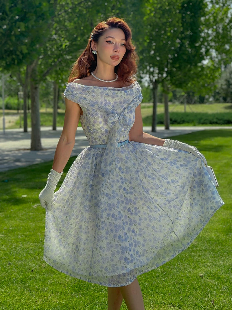 Le Palais Vintage elegant blue floral shawl collar chiffon dress-DIDI