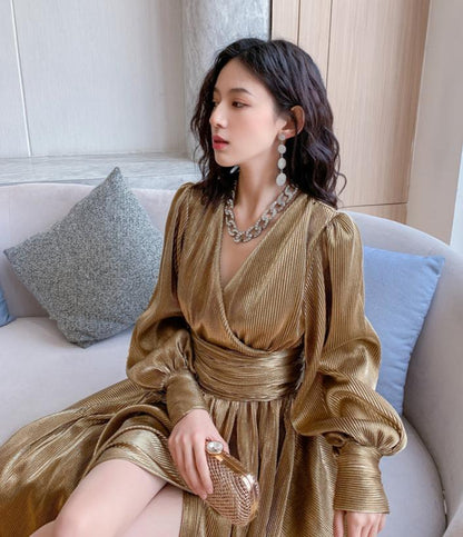 DOLLY Elegant Peach V-Neck Long Puff Sleeve High Waist Long Flowing Guest Dress-BESTY