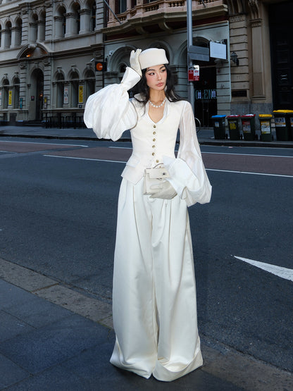 MEI SANGUAN Beige Layered Jacket & Wide-Leg Slacks Suit - YASMIN