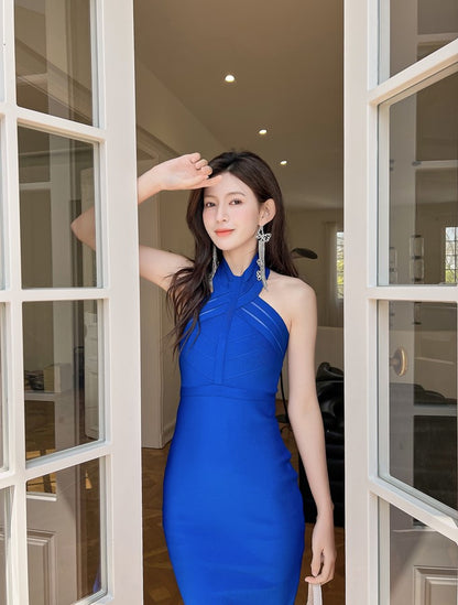 DOLLY Luxury Off Shoulder Halter Neck Bandage Midi Dinner Date Dress-OLAH