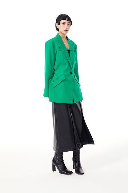 TINYIN  waist silhouette blazer women's one-button mid-length green black-ZYN